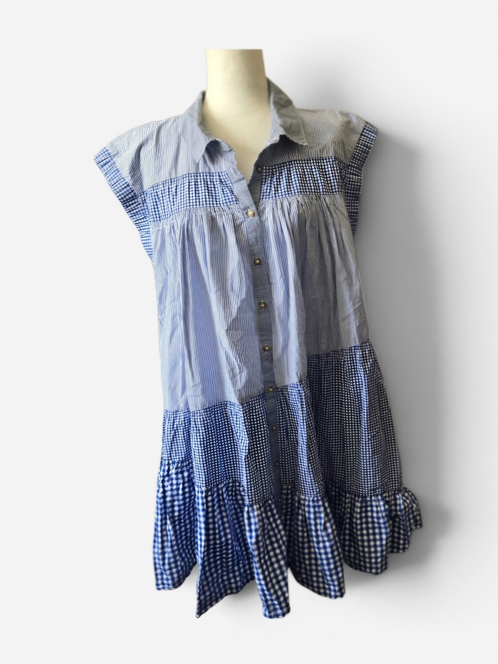 Pilcro Blue Patchwork Gingham Button-Front Dress